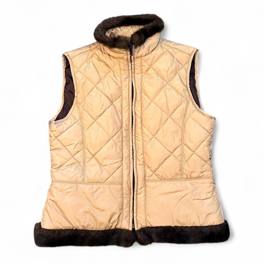 Liz Claiborne Quilted Vest Faux Fur MP Tan Brown Preppy Equestrian Horse Girl